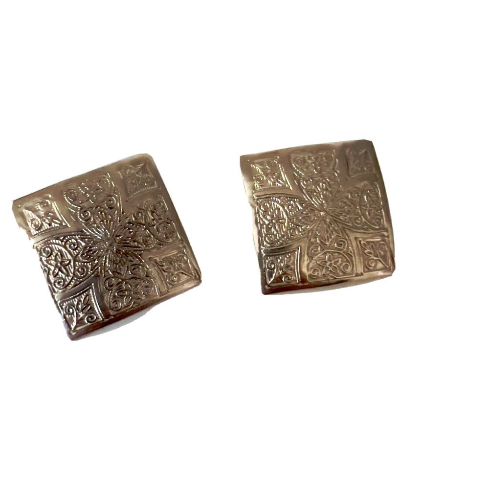Vintage Etched Maltese Cross Square Silver Tone Dome Post Earrings